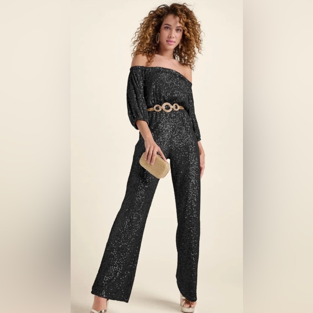 Off the Shoulder Black Sequin Jumpsuit